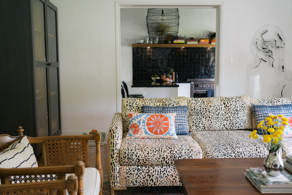 Leopard print sofa in a living room