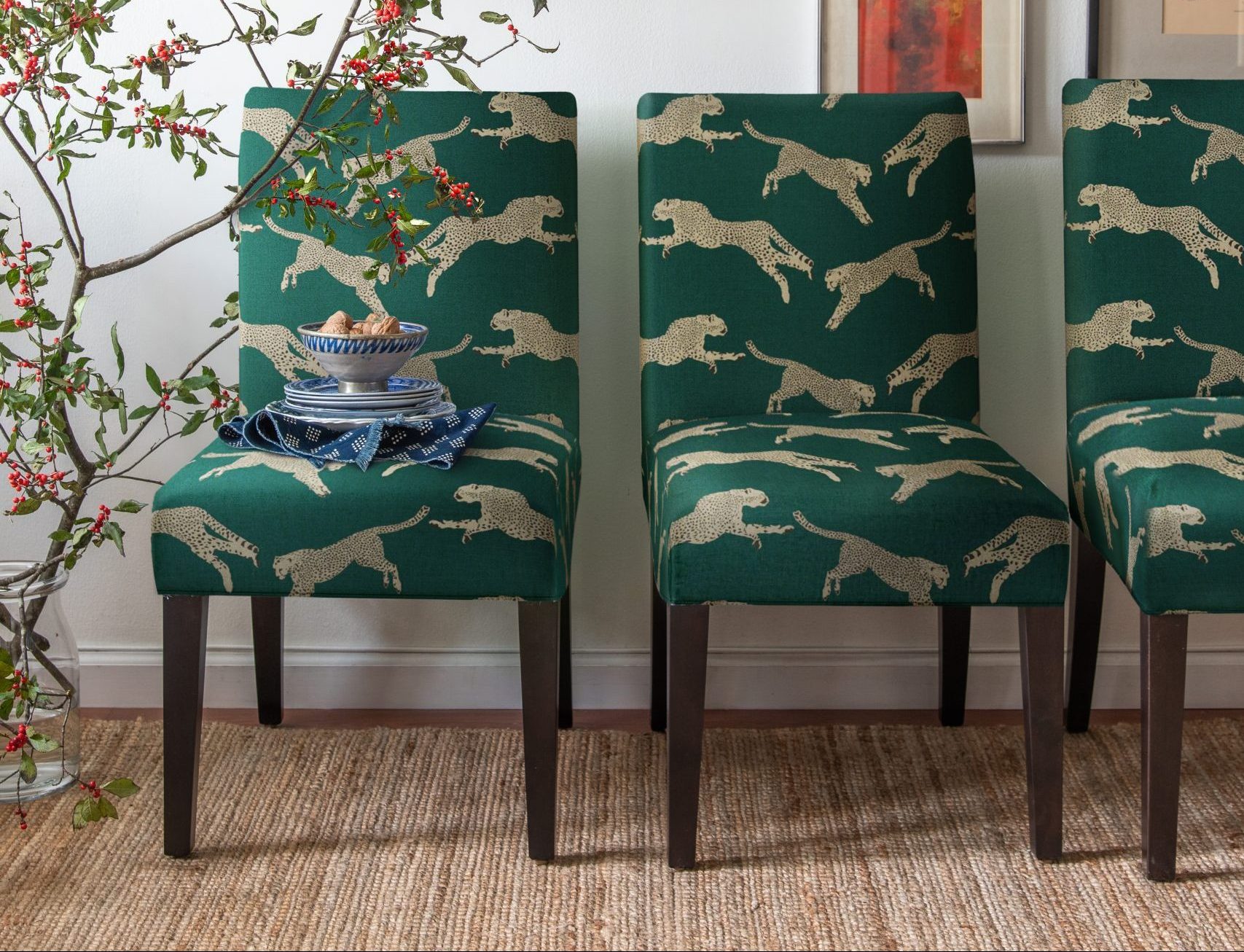 Upholstered Dining Chairs in Polo Green Cheetah by Scalamandre